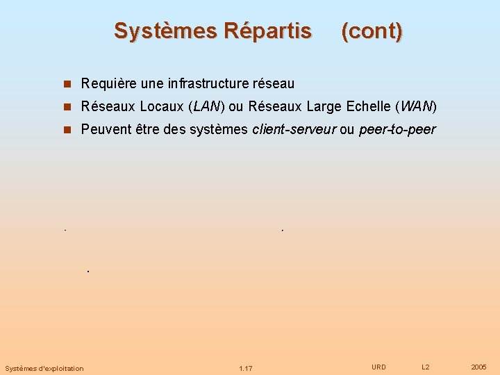 Systèmes Répartis (cont) Requière une infrastructure réseau Réseaux Locaux (LAN) ou Réseaux Large Echelle