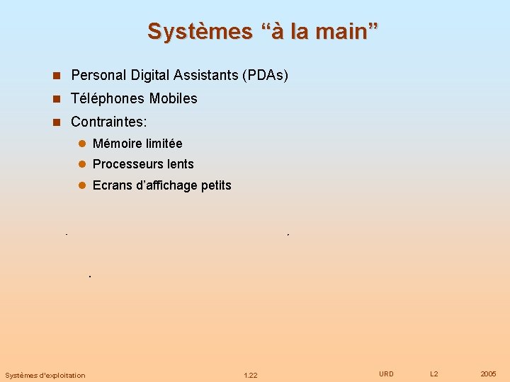 Systèmes “à la main” Personal Digital Assistants (PDAs) Téléphones Mobiles Contraintes: Mémoire limitée Processeurs