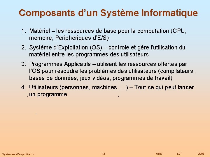 Composants d’un Système Informatique 1. Matériel – les ressources de base pour la computation