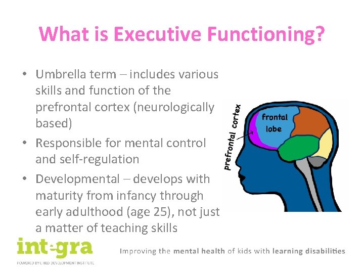 What is Executive Functioning? • Umbrella term – includes various skills and function of