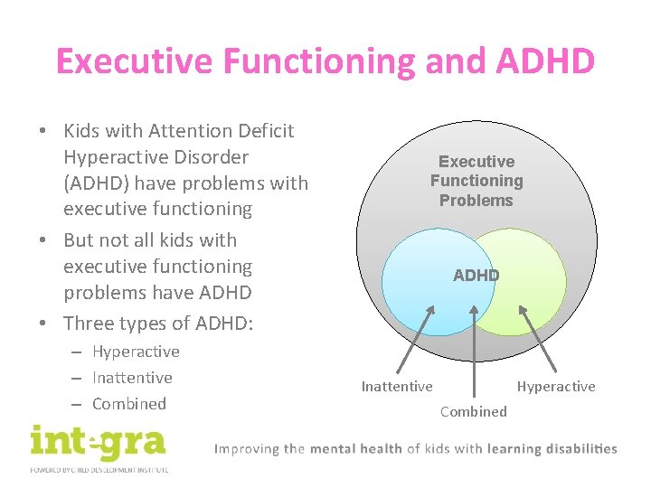 Executive Functioning and ADHD • Kids with Attention Deficit Hyperactive Disorder (ADHD) have problems