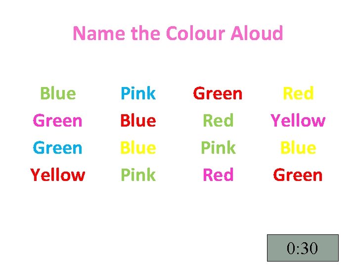 Name the Colour Aloud Blue Green Yellow Pink Blue Pink Green Red Pink Red