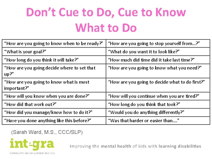 Don’t Cue to Do, Cue to Know What to Do “How are you going