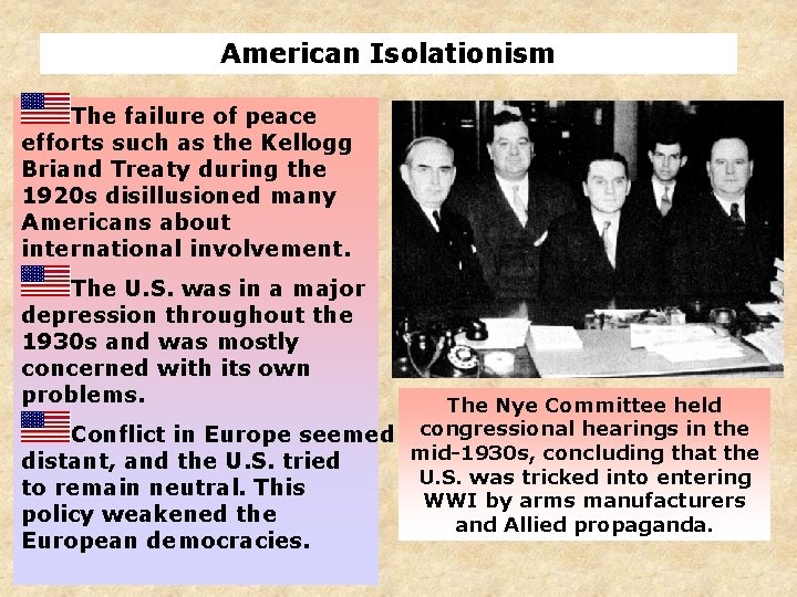American Isolationism The failure of peace efforts such as the Kellogg Briand Treaty during