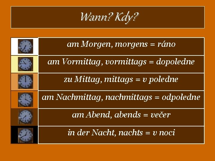 Wann? Kdy? am Morgen, morgens = ráno am Vormittag, vormittags = dopoledne zu Mittag,