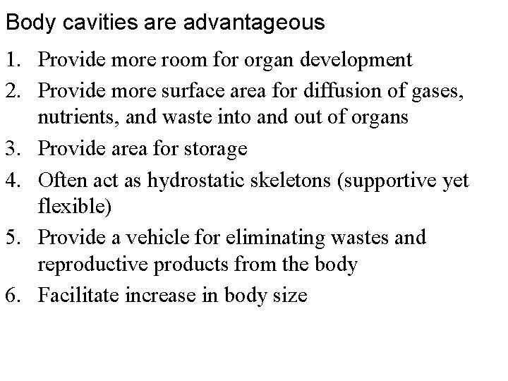 Body cavities are advantageous 1. Provide more room for organ development 2. Provide more