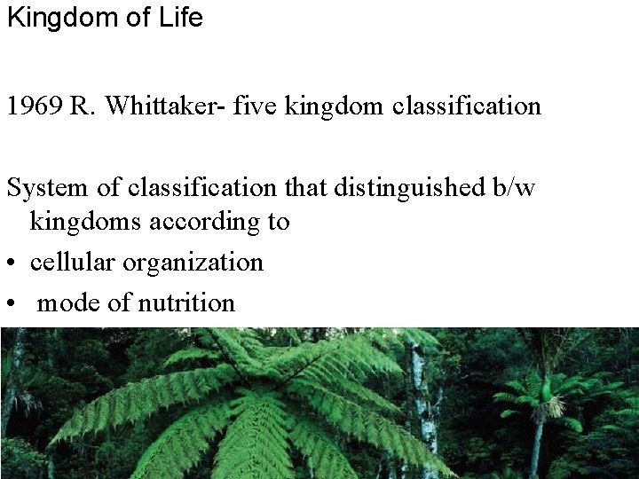Kingdom of Life 1969 R. Whittaker- five kingdom classification System of classification that distinguished