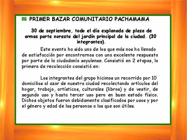 PRIMER BAZAR COMUNITARIO PACHAMAMA 30 de septiembre, todo el día explanada de plaza de