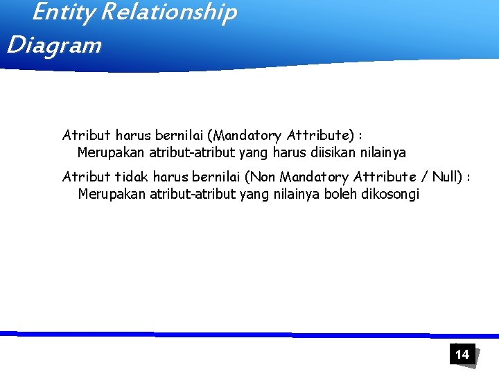 Entity Relationship Diagram Atribut harus bernilai (Mandatory Attribute) : Merupakan atribut-atribut yang harus diisikan