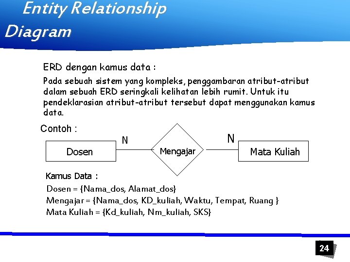 Entity Relationship Diagram ERD dengan kamus data : Pada sebuah sistem yang kompleks, penggambaran