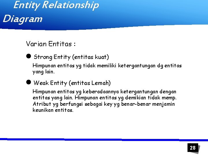 Entity Relationship Diagram Varian Entitas : n Strong Entity (entitas kuat) Himpunan entitas yg