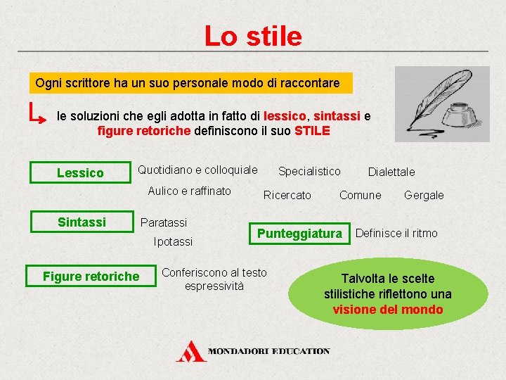 Lo stile Ogni scrittore ha un suo personale modo di raccontare le soluzioni che