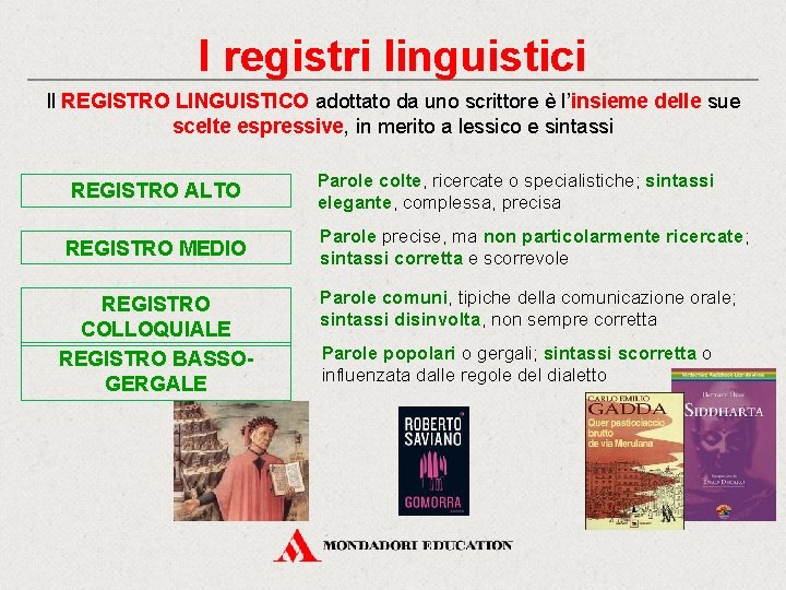 I registri linguistici Il REGISTRO LINGUISTICO adottato da uno scrittore è l’insieme delle sue