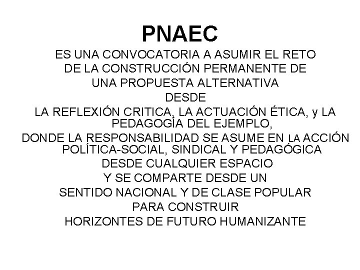 PNAEC ES UNA CONVOCATORIA A ASUMIR EL RETO DE LA CONSTRUCCIÓN PERMANENTE DE UNA