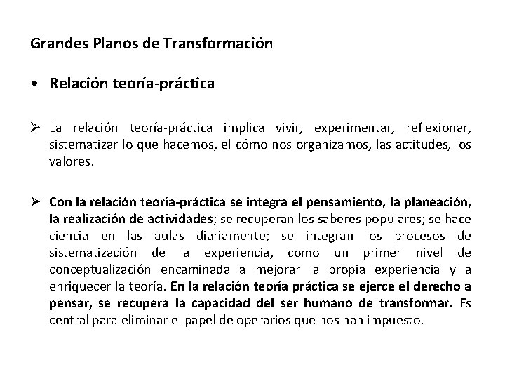 Grandes Planos de Transformación • Relación teoría-práctica La relación teoría-práctica implica vivir, experimentar, reflexionar,