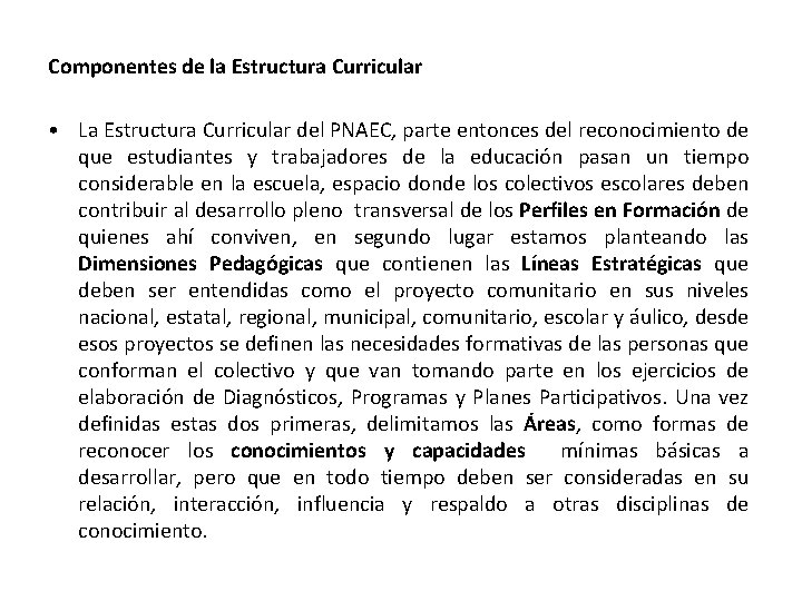 Componentes de la Estructura Curricular • La Estructura Curricular del PNAEC, parte entonces del