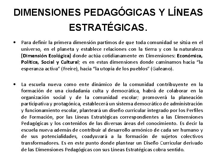 DIMENSIONES PEDAGÓGICAS Y LÍNEAS ESTRATÉGICAS. • Para definir la primera dimensión partimos de que