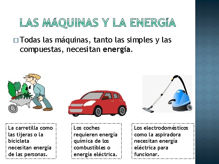 � Todas las máquinas, tanto las simples y las compuestas, necesitan energía. La carretilla