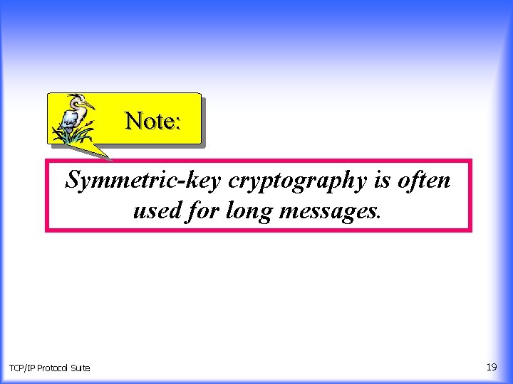 Note: Symmetric-key cryptography is often used for long messages. TCP/IP Protocol Suite 19 
