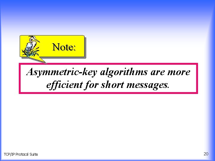 Note: Asymmetric-key algorithms are more efficient for short messages. TCP/IP Protocol Suite 20 