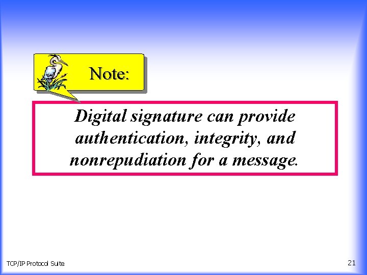 Note: Digital signature can provide authentication, integrity, and nonrepudiation for a message. TCP/IP Protocol