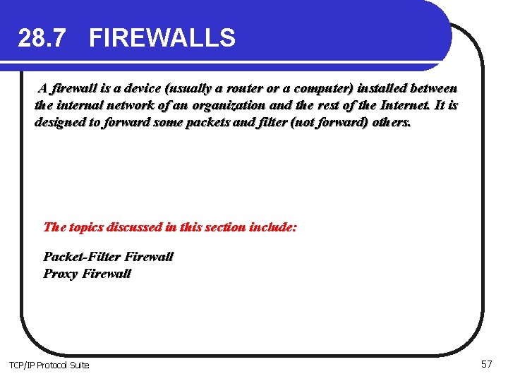 28. 7 FIREWALLS A firewall is a device (usually a router or a computer)
