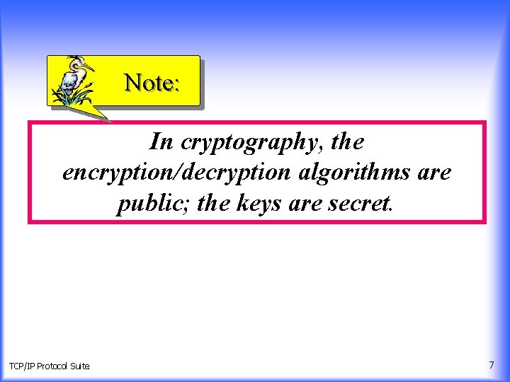 Note: In cryptography, the encryption/decryption algorithms are public; the keys are secret. TCP/IP Protocol