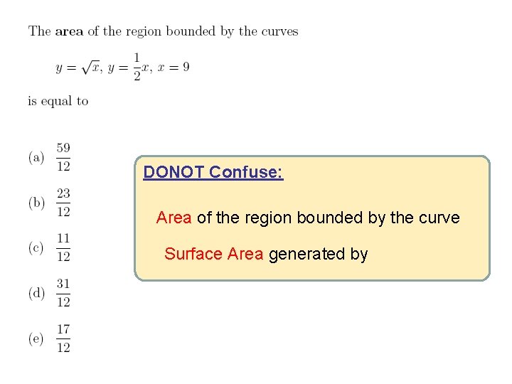 DONOT Confuse: Area of the region bounded by the curve Surface Area generated by