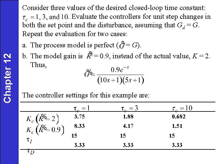 Chapter 12 Consider three values of the desired closed-loop time constant: . Evaluate the