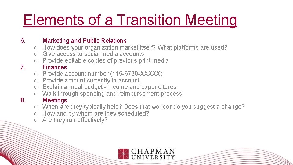 Elements of a Transition Meeting 6. 7. 8. ○ ○ ○ ○ ○ Marketing Elements of a Transition Meeting 6. 7. 8. ○ ○ ○ ○ ○ Marketing