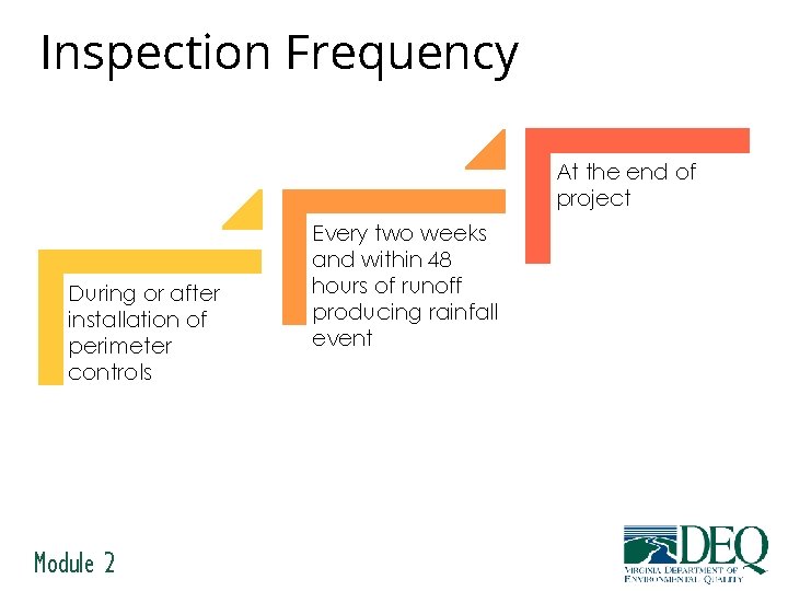 Inspection Frequency At the end of project During or after installation of perimeter controls