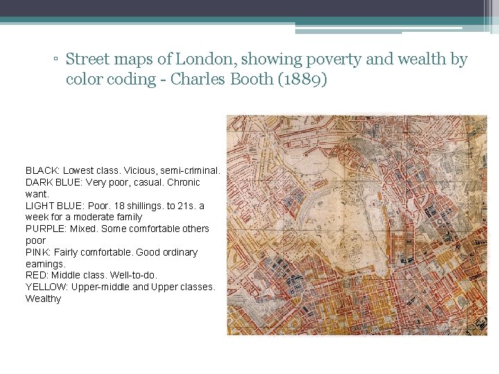 ▫ Street maps of London, showing poverty and wealth by color coding - Charles