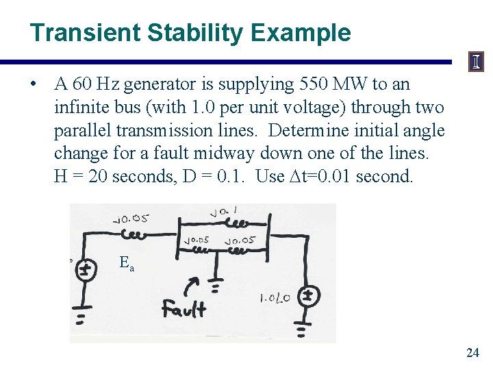 Transient Stability Example • A 60 Hz generator is supplying 550 MW to an