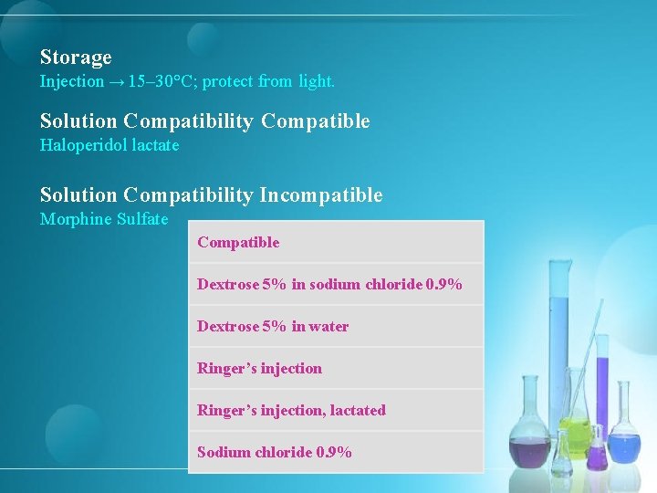 Storage Injection → 15– 30°C; protect from light. Solution Compatibility Compatible Haloperidol lactate Solution