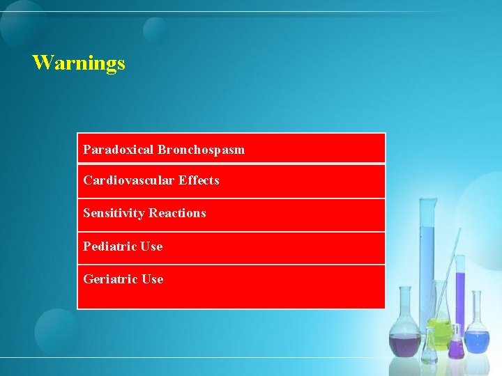 Warnings Paradoxical Bronchospasm Cardiovascular Effects Sensitivity Reactions Pediatric Use Geriatric Use 