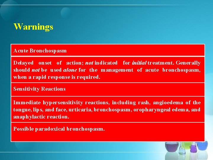 Warnings Acute Bronchospasm Delayed onset of action; not indicated for initial treatment. Generally should