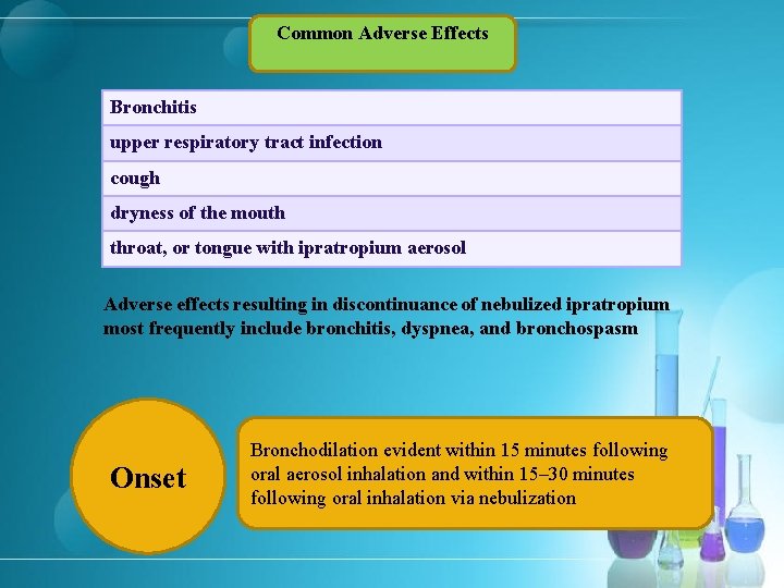 Common Adverse Effects Bronchitis upper respiratory tract infection cough dryness of the mouth throat,