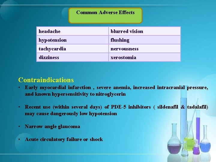 Common Adverse Effects headache blurred vision hypotension flushing tachycardia nervousness dizziness xerostomia Contraindications •