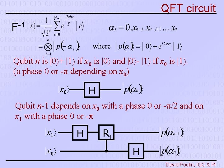 QFT circuit F-1 Qubit n is |0 + |1 if x 0 is |0