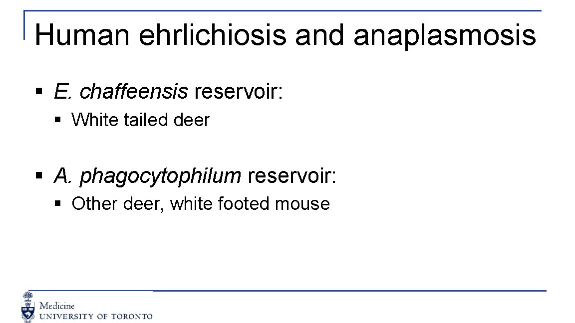 Human ehrlichiosis and anaplasmosis § E. chaffeensis reservoir: § White tailed deer § A.