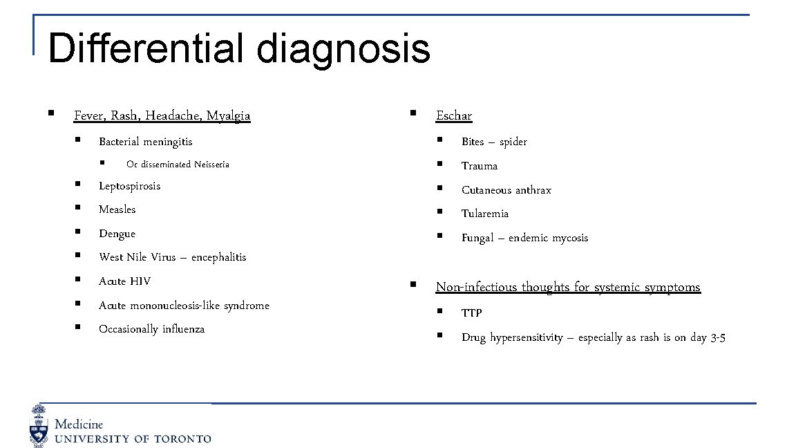 Differential diagnosis § Fever, Rash, Headache, Myalgia § Bacterial meningitis § § § §