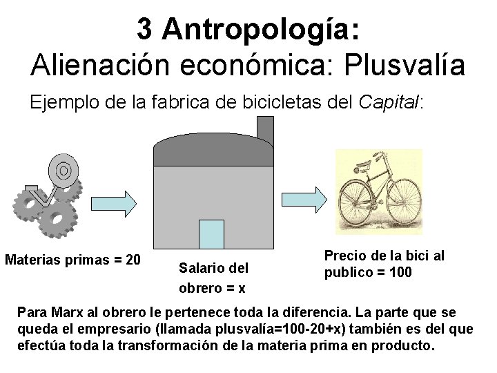 3 Antropología: Alienación económica: Plusvalía Ejemplo de la fabrica de bicicletas del Capital: Materias