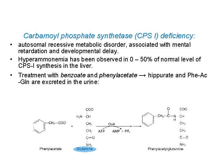 Carbamoyl phosphate synthetase (CPS I) deficiency: • autosomal recessive metabolic disorder, associated with mental