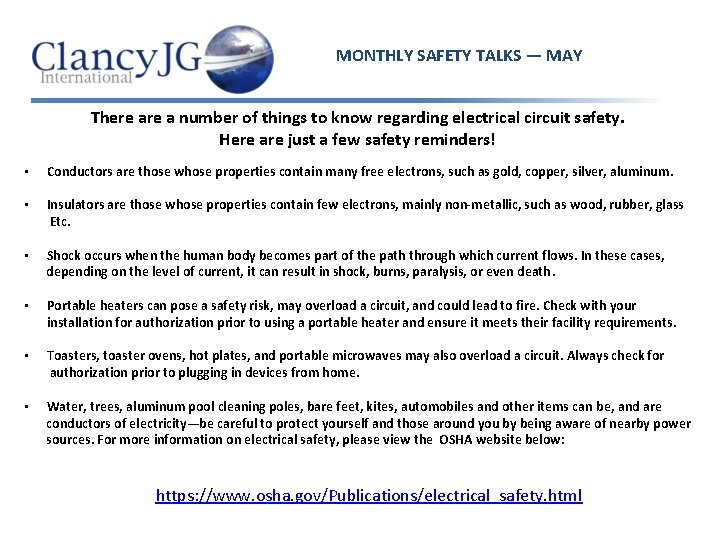 MONTHLY SAFETY TALKS — MAY There a number of things to know regarding electrical