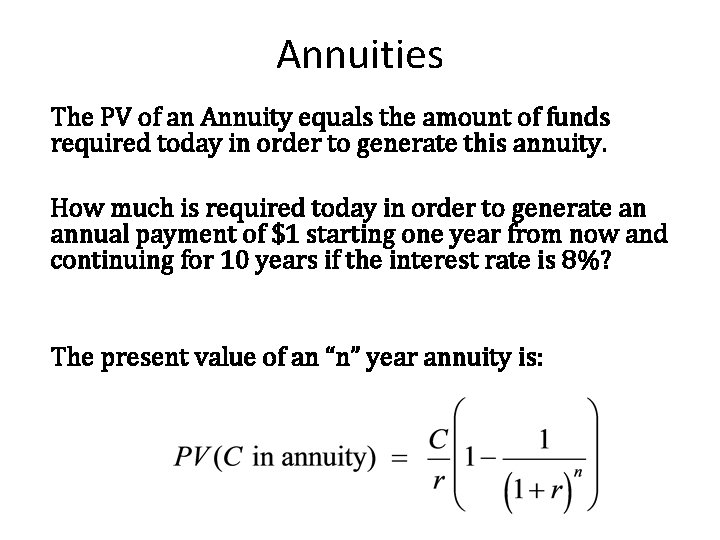 Annuities The PV of an Annuity equals the amount of funds required today in