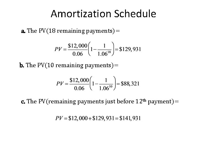 Amortization Schedule a. The PV(18 remaining payments)= b. The PV(10 remaining payments)= c. The