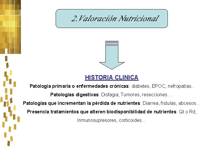 2. Valoración Nutricional HISTORIA CLINICA Patología primaria o enfermedades crónicas: diabetes, EPOC, nefropatías. .