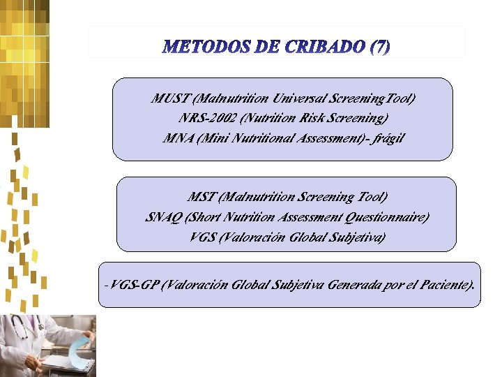 MUST (Malnutrition Universal Screening. Tool) NRS-2002 (Nutrition Risk Screening) MNA (Mini Nutritional Assessment)- frágil