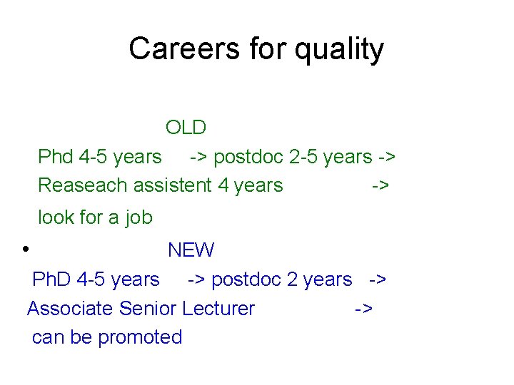 Careers for quality OLD Phd 4 -5 years -> postdoc 2 -5 years ->