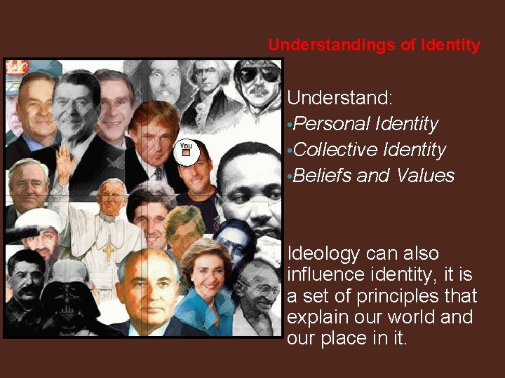 Understandings of Identity Understand: • Personal Identity • Collective Identity • Beliefs and Values